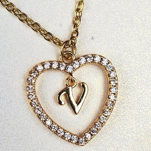 Initials V Heart Pendant Necklace For Women /Zircon Gemstones/ Love Necklaces